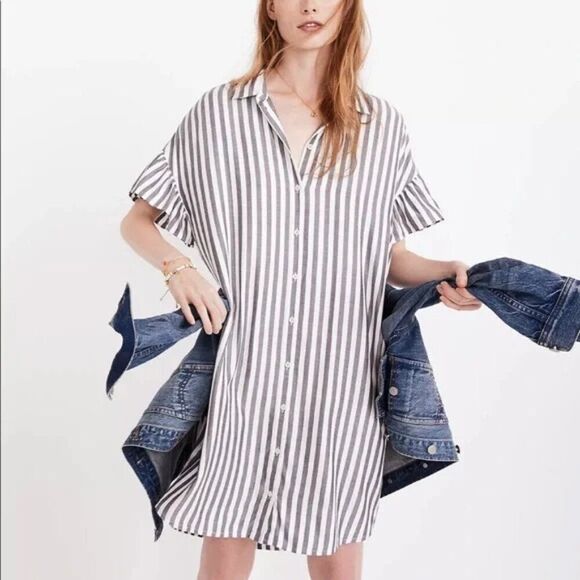 Madewell Striped Courier Ruffle Sleeve Button Up Dress XXS - Picture 1 of 9